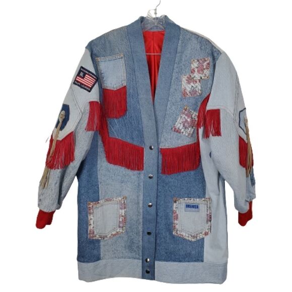 Vintage Fringed Denim Jacket Patriotic Size XL Patches Ralph Lauren - Picture 1 of 15
